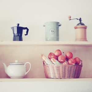 Tea and coffee equipment in kitchen with retro filter effect
